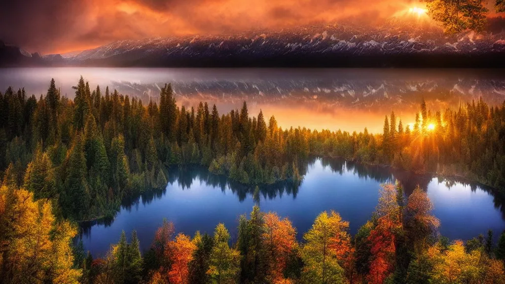 Image similar to amazing landscape photo of a forest with lake in sunset by marc adamus, beautiful dramatic lighting