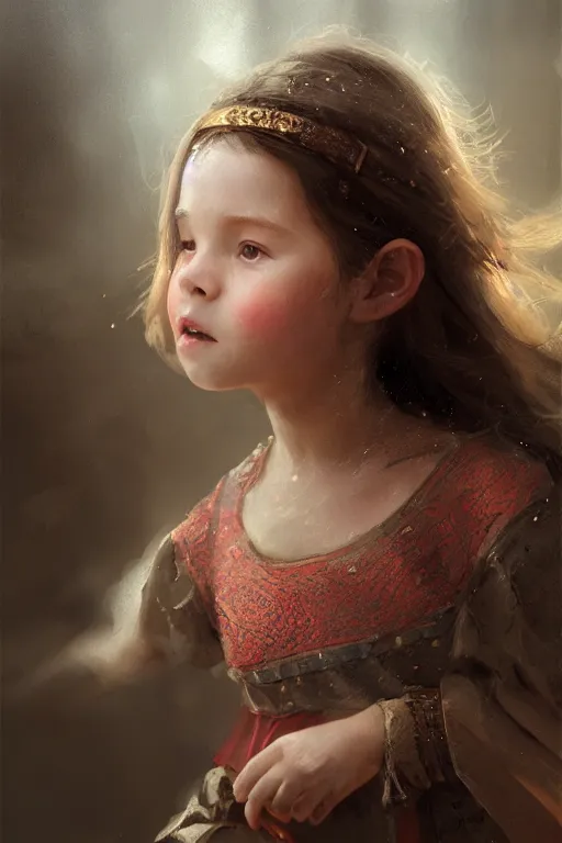 Image similar to medieval little girl, joyful, close-up portrait, intricate, elegant, volumetric lighting, scenery, digital painting, highly detailed, artstation, sharp focus, illustration, concept art, ruan jia, steve mccurry