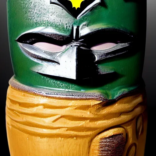 Prompt: a closeup photorealistic photograph of a batman style tiki mug sitting at a trader vic's beach bar featuring batman's face. tiki theme. tiki party. bright scene. fine detail. this 4 k hd image is trending on artstation, featured on behance, well - rendered, extra crisp, features intricate detail, epic composition and the style of unreal engine.