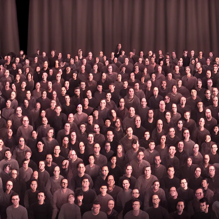 Image similar to focused dslr photograph of hundreds of nathan fielder from nathan for you on comedy central filmed by a tv crew on a stage with a red curtain, meta, fractal, trippy, high detail!!! 8 k, photorealism, sharp focus, volumetric lighting, coherent!!! art directed, rule of thirds, facial details, expressions, hd, professional