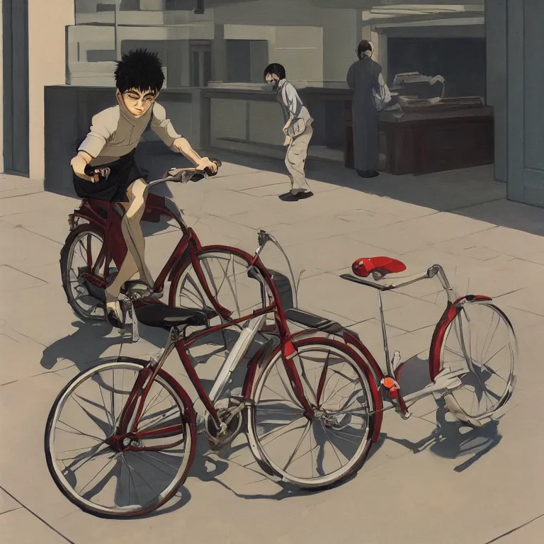 Image similar to Tatsuo on a bike from Akira by Edward Hopper, painted by James Gilleard, airbrush