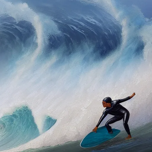 Image similar to obama surfing the biggest wave at nazare, portugal, intricate, highly detailed, digital painting, artstation, concept art, smooth, sharp focus, illustration, unreal engine 5, 8 k, art by artgerm and greg rutkowski and alphonse mucha