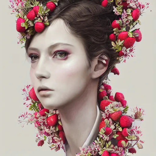 Image similar to the portrait of an absurdly beautiful, graceful, elegant, sophisticated, fashionable young woman made of strawberries and white petals with tears, an ultrafine hyperdetailed illustration by kim jung gi, irakli nadar, intricate linework, bright colors, octopath traveler, final fantasy, unreal engine 5 highly rendered, global illumination, radiant light, detailed and intricate environment