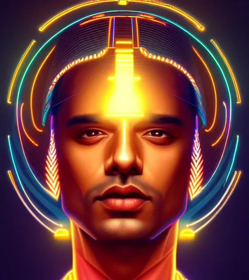 Image similar to symmetry!! indian prince of technology, solid cube of light, hard edges, product render retro - futuristic poster scifi, lasers and neon circuits, brown skin handsome indian prince, intricate, elegant, highly detailed, digital painting, artstation, concept art, smooth, sharp focus, illustration, dreamlike, art by artgerm