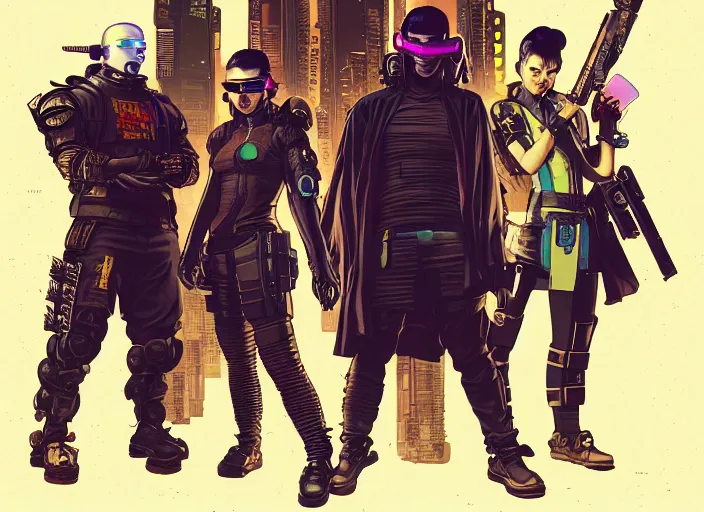 Image similar to cyberpunk samurai kill team. portrait by stonehouse and mœbius and will eisner and gil elvgren and pixar. character design. realistic proportions. cyberpunk 2 0 7 7 character art, blade runner 2 0 4 9 concept art. cel shading. attractive face. thick lines. the team. diverse characters. shadowrun. artstationhq.