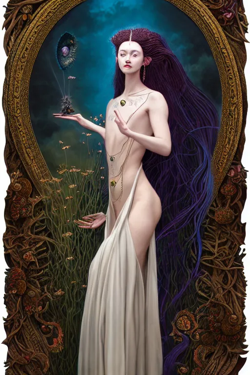 Image similar to portrait of a young female wizard in flowing sensual dress, arrogant, long fine flowing hair, delicate, looking at camera, slight nerdy awkward smile, realistic face, stylish, elegant, grimdark fantasy, flowers, extremely detailed painting inspired by Gerald Brom and Ernst Haeckel and Victor Nizovtsev, studio lighting