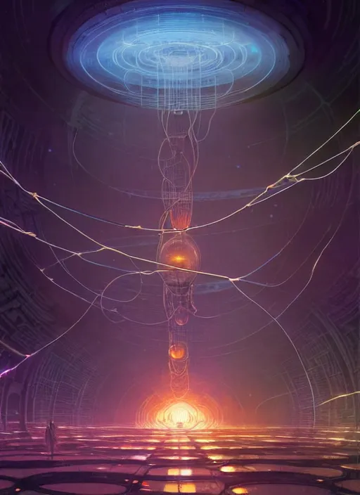 Prompt: high depth, collective civilization travel, calm, healing, resting, life, hybrids, scifi, glowing lights!!, published concept art, mixed medias, image overlays, sharp focus, thin glowing wires, winning illustration, art by greg rutkowski and alphonse mucha, singularity!!!, 3 6 0 projection