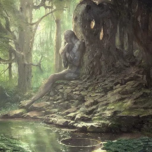 Prompt: stone golem resting beside a pond inside a forest, stone elemental, oil painting, by Greg Rutkowski