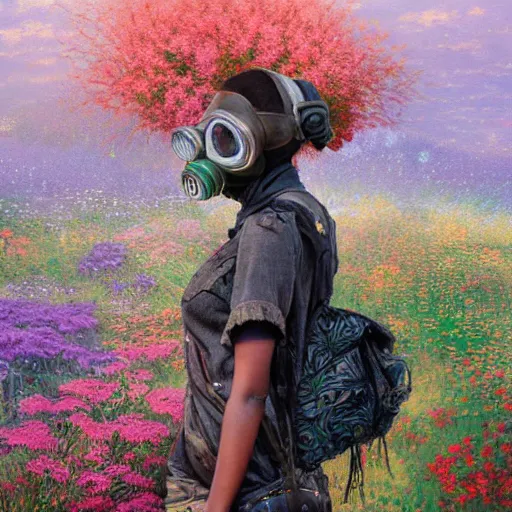 Prompt: a black girl wearing a gasmask in a field of flowers by android jones and thomas kinkade, oil on canvas, vivid colorscheme