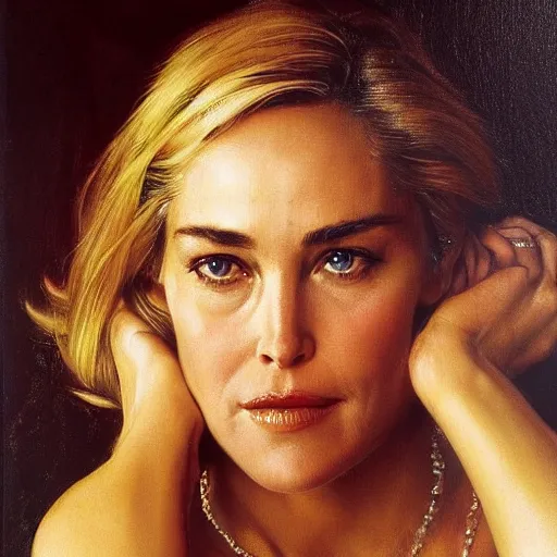 Image similar to Sharon Stone at a bar, head and shoulders portrait, extremely detailed masterpiece, Roger Deakin’s cinematography, oil on canvas, Norman Rockwell.