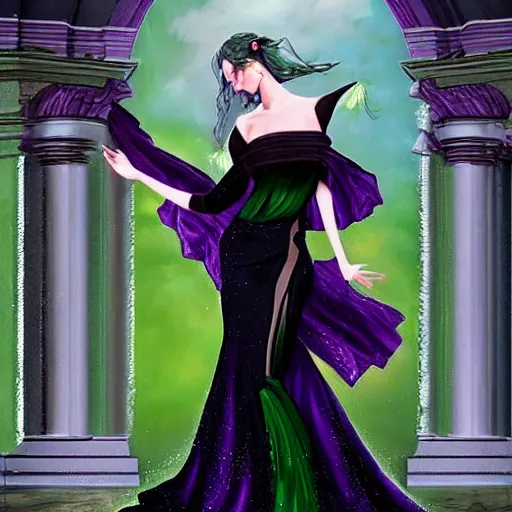 Prompt: an extremely beautiful witch with long black hair and purple eyes, long green strapless floor length dress, shinny red high heels, ostentatious and extravagant galla, neoclassical architecture, 4 k, artstation, detailed, realistic