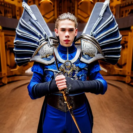 Prompt: low angle upper view of Austin Butler dressed in futuristic-baroque prussian blue duelist-garb and nanocarbon-vest and greaves with Griffin-Ram heraldry emblem, standing in an arena in Dune 2020, XF IQ4, f/1.4, ISO 200, 1/160s, 8K, RAW, unedited, symmetrical balance, face in-frame