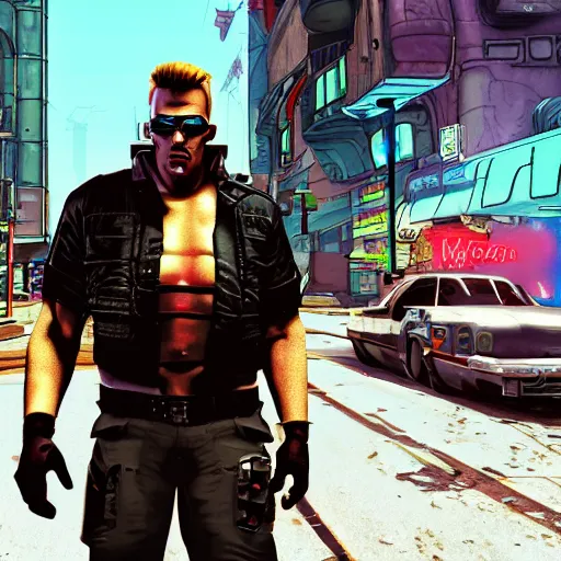 Prompt: duke nukem in a cyberpunk street