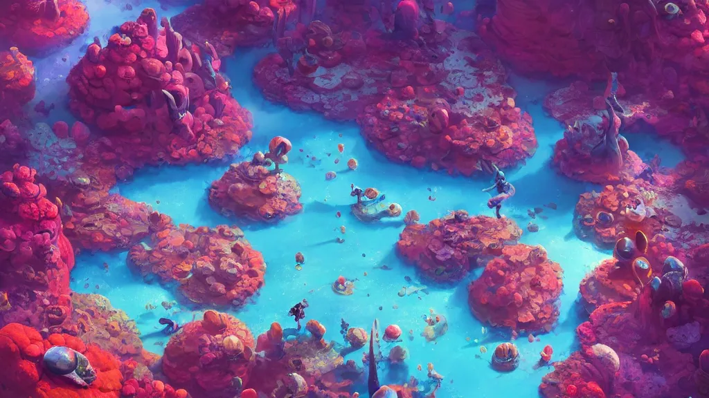 Image similar to ancient alien planet covered in colorful coral reefs on the ground, anthropomorphic fish girls, by sylvain sarrailh, rossdraws, ambient light, ultra detailed, fantasy artwork, 8 k, volumetric lighting, trending on artstation, award winning, beautiful scenery, very beautiful.