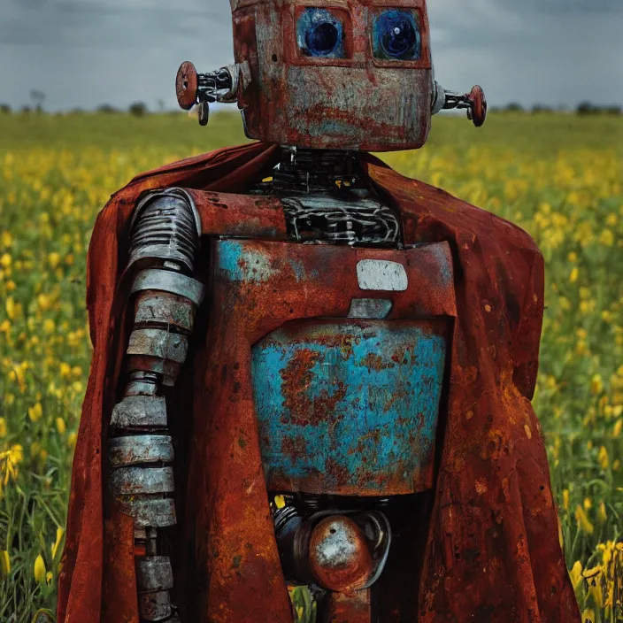 Image similar to closeup portrait of a rusted robot wearing a cloak made of rainbows and lilies, in an empty field, by Annie Leibovitz and Steve McCurry, natural light, detailed face, CANON Eos C300, ƒ1.8, 35mm, 8K, medium-format print