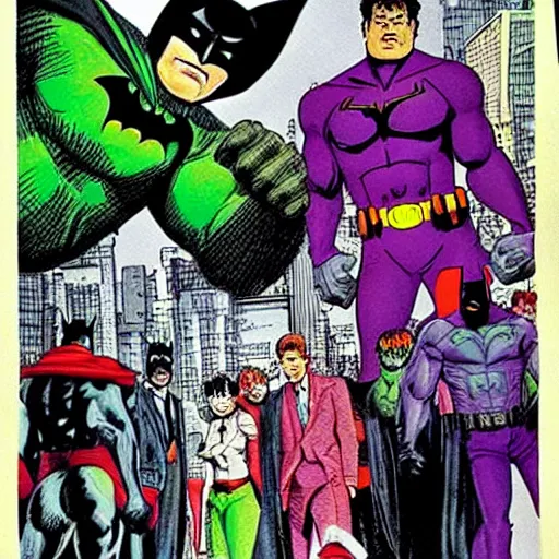 Image similar to glossy old advertising poster, batman and hulk walking through crowded gotham street, drawn comic by junji ito, pastels, gradient