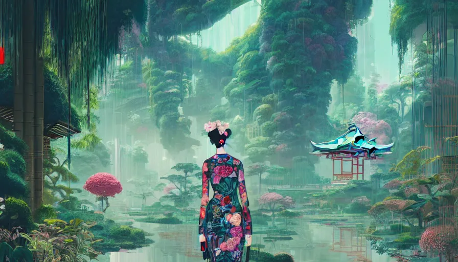 Image similar to a digital painting of a woman in the distance wearing gucci exploring a magical japanese temple, lush plants and flowers, eco - cyberpunk art by james jean, cgsociety, retrofuturism, anime aesthetic, chromatic, iridescent, uhd