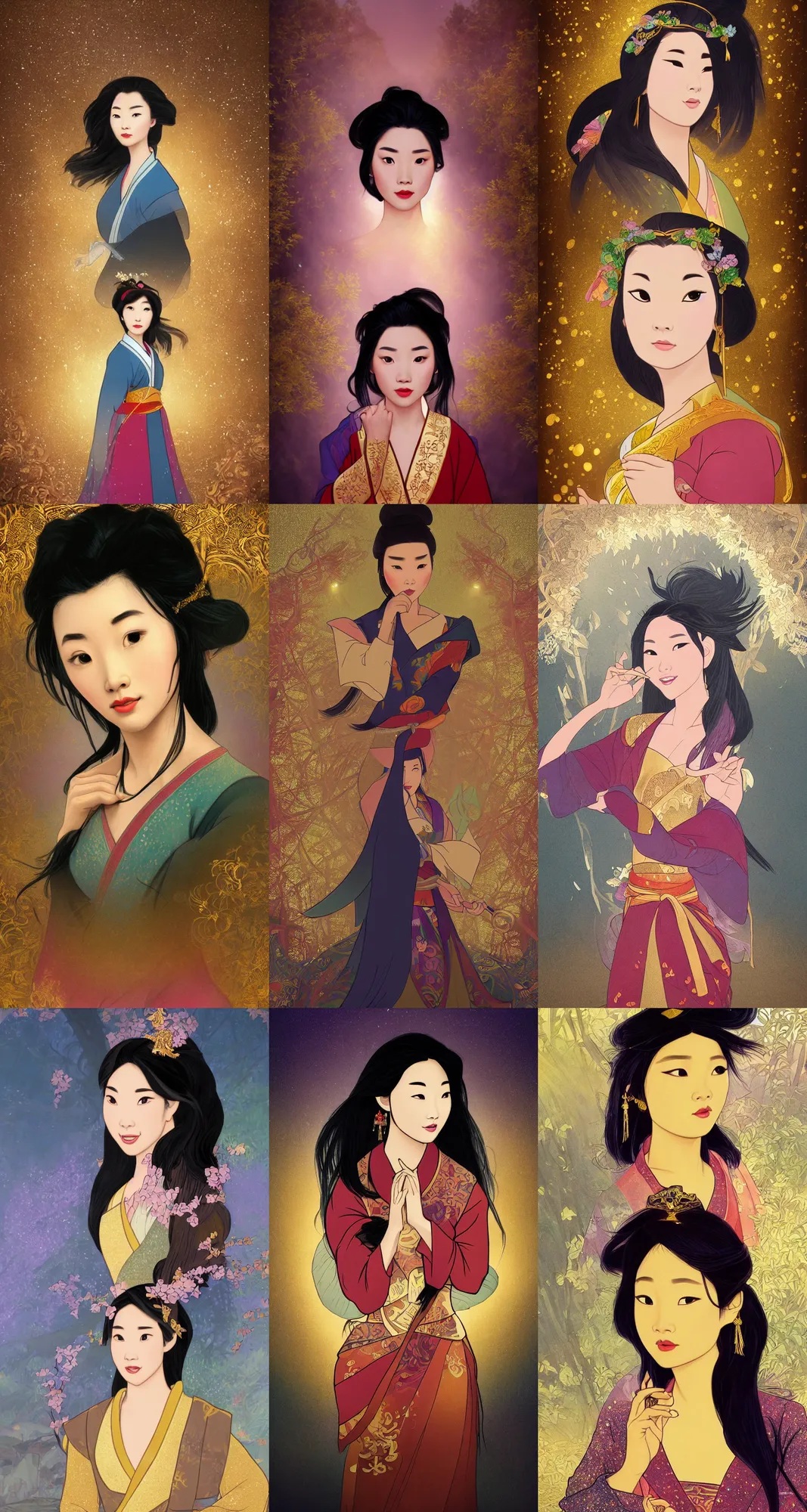 Prompt: Realistic portrait of Mulan from Disney's Mulan, mystical forest lagoon, glowing glittery dust in the air, twilight, sunset, gloomy, eerie atmosphere, dynamic pose, ornate attire, intricate gold and crystal jewelry, diaphanous iridescent cloth, cinematic lighting, god rays, volumetric fog, bloom, by Alphonse Mucha, by Bouguereau, by Rubens, by Luis Ricardo Falero, fantasy, portfolio illustration, highly detailed, trending on Artstation, CGsociety, HQ, 8k, 35mm lens, f2.8, Bokeh,