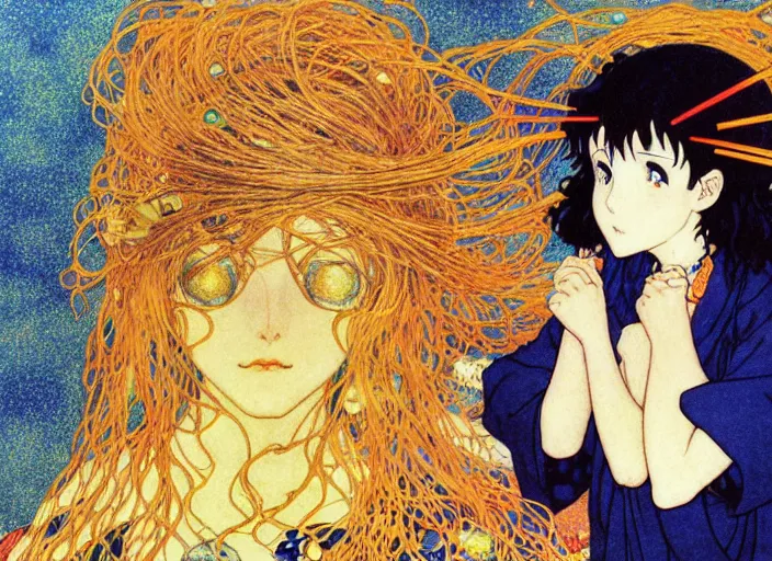 Prompt: a witch casting a spell, 1980s, Kyoto animation,last exile, blue submarine no. 6, gustav klimt,loish, murata range, kawaii, yoshitaka amano, studio lighting, manga, bright colors, beautiful, 28mm lens, vibrant high contrast, mucha, gradation, jean giraud, fantasy, rule of thirds, fibonacci, intricate