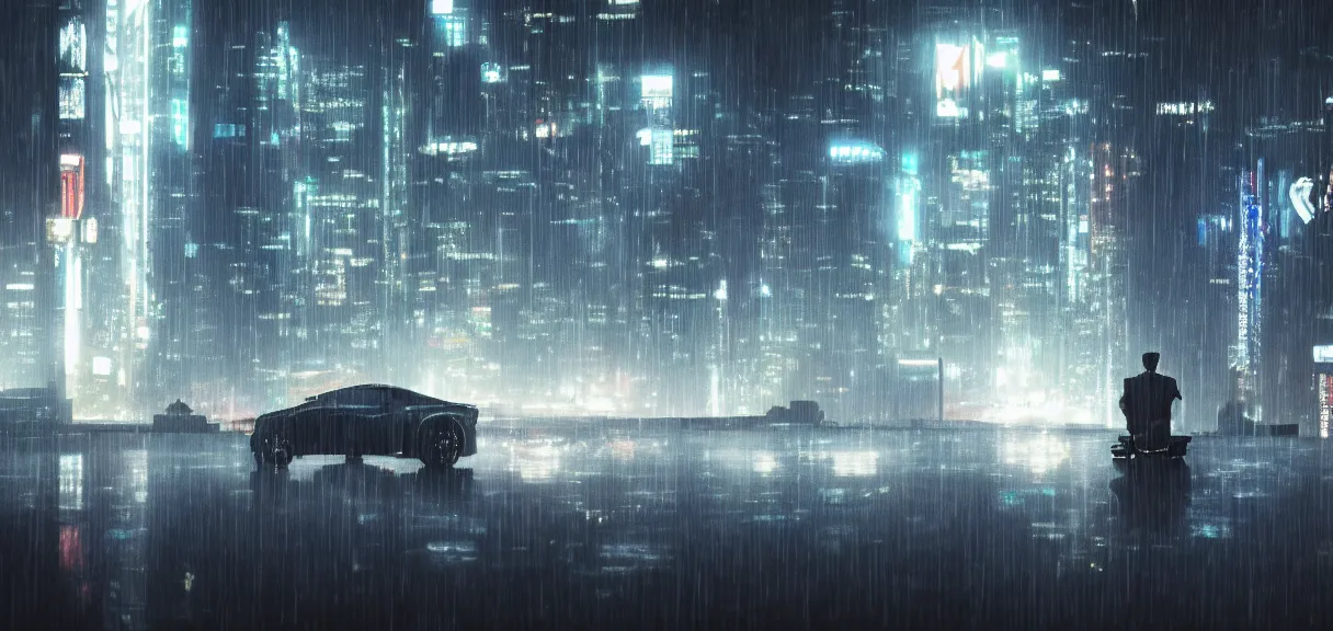 Image similar to shot of the roof with single man sitting on the edge during rain, below impressive cyberpunk night city during great rainy storm with lightning, nightscape, futuristic architecture, realistic photo, neons, blade runner, akira style, cinematic lighting, cinematic angles