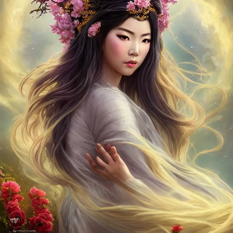 Image similar to beautiful cinematic fantasy poster, a beautiful vietnamese goddess wearing a long flowy ao yai with enbroidered flowers with flowing illuminated hair, beautiful glowing galaxy eyes, wideshot ultrawide angle epic scale, hybrid from The Elden Ring and art direction by Darius Zawadzki ;by artgerm; wayne reynolds art station; cinematic quality character render; low angle; ultra high quality model; production quality cinema model;