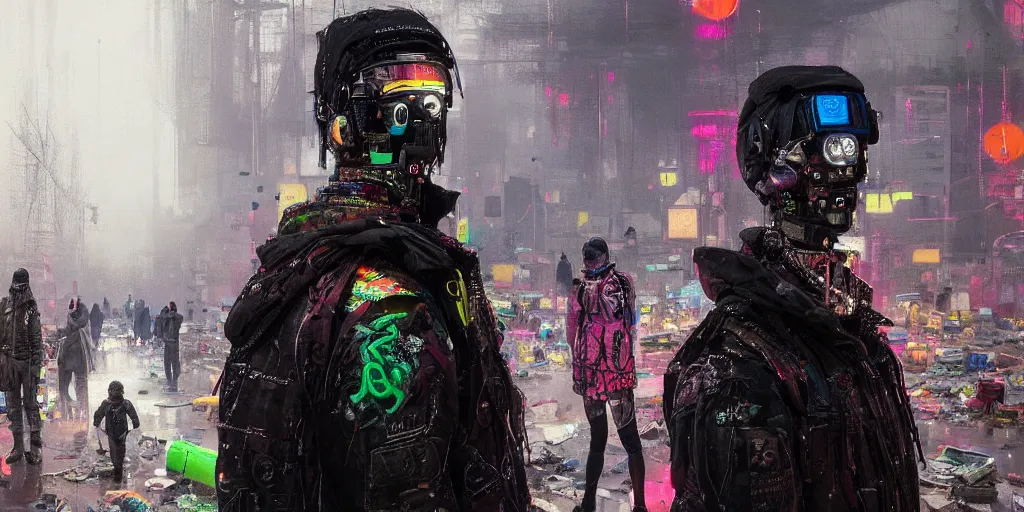 Image similar to eyes of a Neon guard boy with short dark hair seen from the back, cyberpunk futuristic, reflective puffer jacket, black leggings, decorated with traditional ornaments in front of a dystopian crowd with piles of garbage by Ismail inceoglu dragan bibin hans thoma, Perfect face, fine details, realistic shaded, fine-face, pretty face