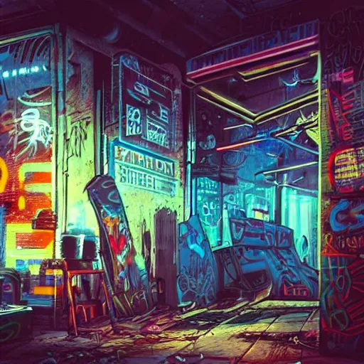 Image similar to graffiti on a wall in a run down building, happy mood, cyberpunk, futuristic, neon, high detail, golden light, realistic