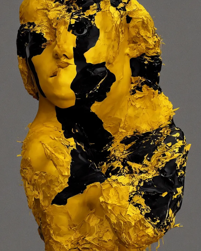 Prompt: symmetrical painting of a fractured obsidian greek woman statue of a topaz sunflowers yellow dripping paint fixed with kintsugi, rendered in octane trending on cgsociety. extremely detailed and intricate art