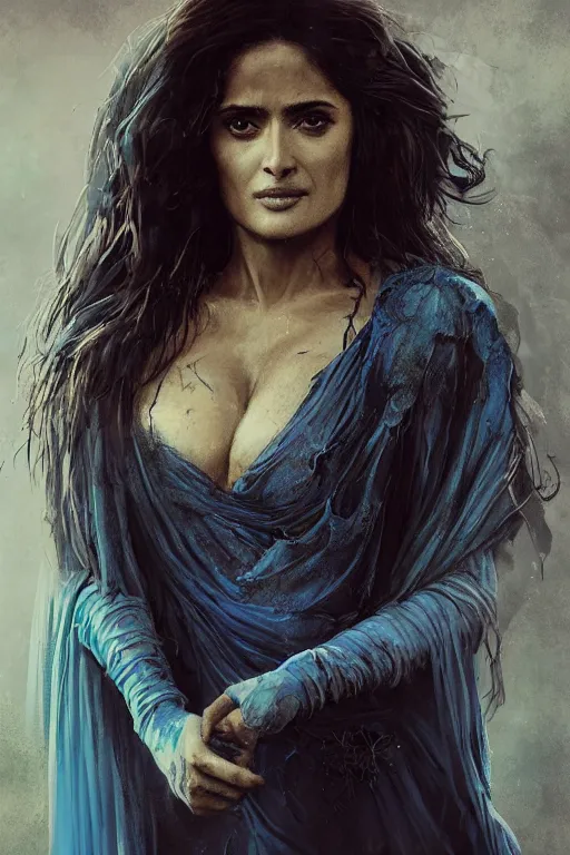 Image similar to portrait, Salma Hayek , sorceress, dressed in tattered blue dress and cloak , face portrait, raphael lacoste, eddie mendoza, alex ross, concept art, matte painting, highly detailed, rule of thirds, dynamic lighting, cinematic, detailed, denoised, centred