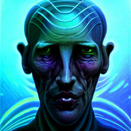 Image similar to scifi character portrait of man in the style of android jones and zdzislaw beksinski, 1 / 4 headshot.