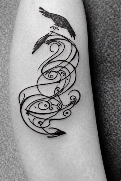 Image similar to a simple tattoo design of birds flying in a 8 spiral, black ink, logo