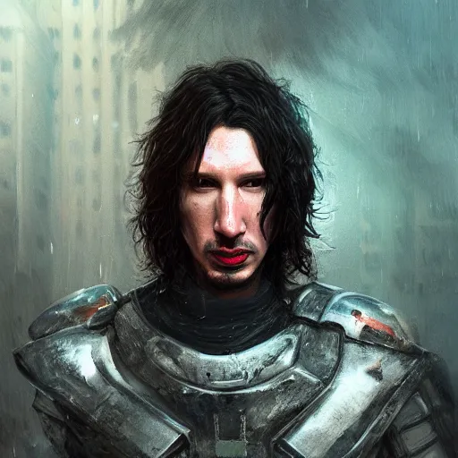 Image similar to adam driver portrait, dystopia core, apocalyptic, armor, warrior, dramatic, sharp focus, fiction, neon, fantasy, hyper detailed, digital art, trending in artstation, cinematic lighting, studio quality, smooth render, unreal engine 5 rendered, octane rendered, art style and nixeu and wlop and krenz cushart