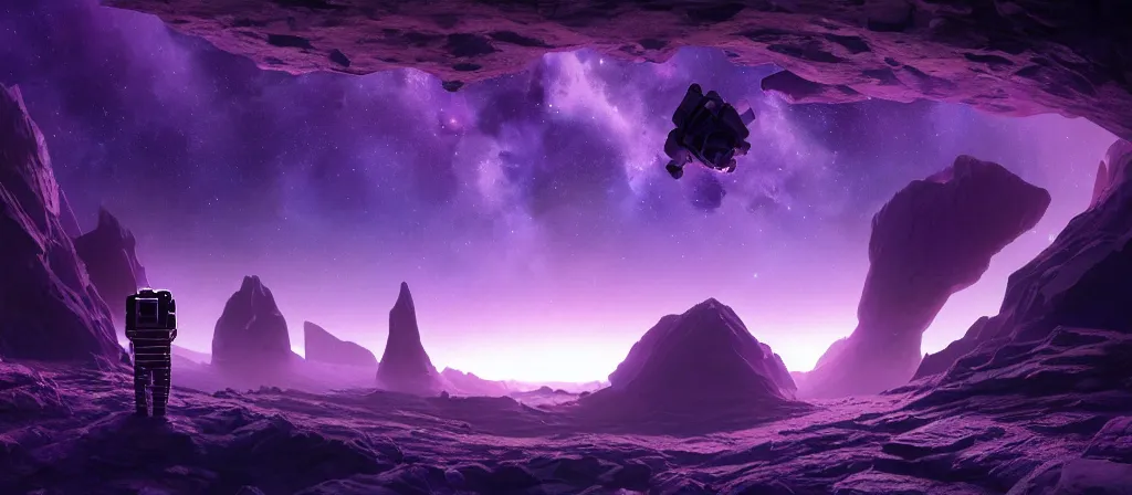 Image similar to astronaut on purple [ [ [ crystal ] ] ] caves, amethyst, beautiful dynamic lighting, nebula sky, cinematic, wide angle establishing shot, extremely high detail, photo realistic, cinematic lighting, matte painting, interstellar, greg rutkowski, roger deakins