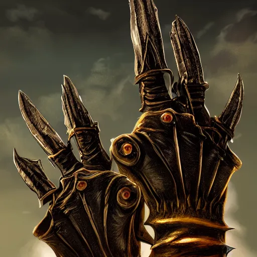 Image similar to metal claws on gloves, old leather gloves with attached talons, pointy fingertips, dark background, highly detailed, 8 k, trending on artstation, mystic, rpg artwork, by peter jackson, by sauron