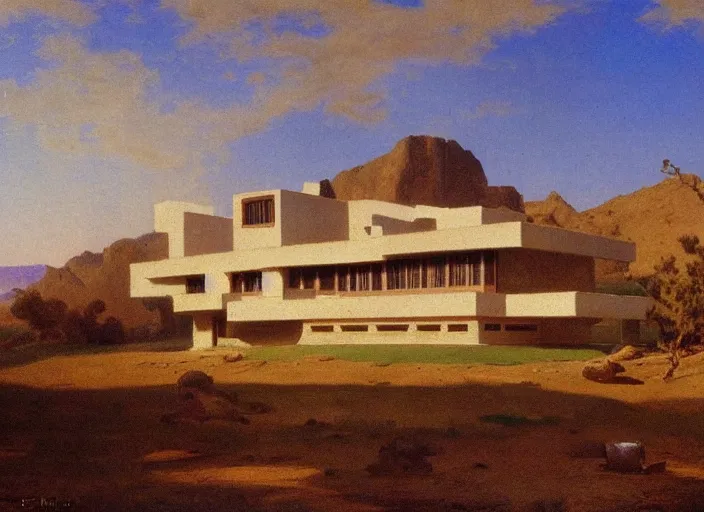 Prompt: painting of a frank lloyd wright house in the california desert by albert bierstadt