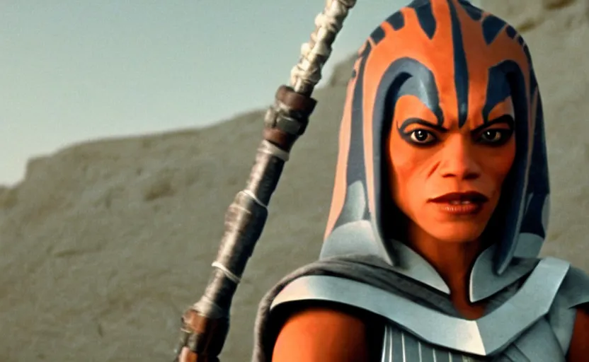 Prompt: cinematic still image of rosario dawson as ahsoka tano, scene from 1 9 8 0 s empire strikes back, 3 5 mm imax, moody iconic scene, action scene, beautiful detailed scene, kodak, directed by kubrick