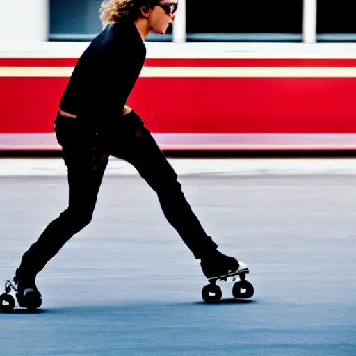 Prompt: a roller skater in a cinematic shot in santa monica, mid - afternoon, canon eos c 3 0 0, ƒ 1. 8, 3 5 mm, 8 k, medium - format print, inspired by roger deakins cinematography