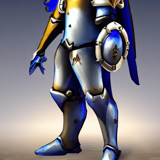 Prompt: overwatch character, medieval knight in blue gold armor