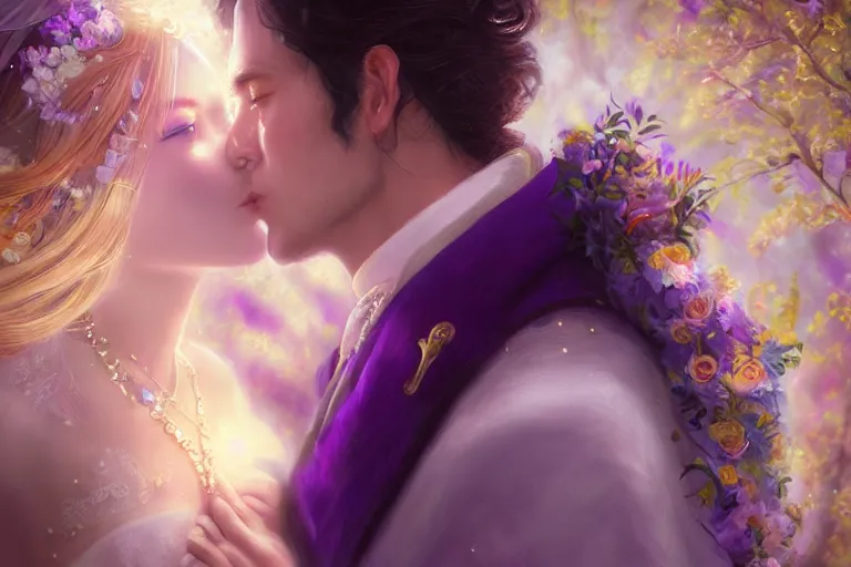 Image similar to a dreamlike cinematic portrait of wedding photograph close up moment of a divine a russia sun god and moon goddess lovers magician at a wedding banquet. portraiture. digital painting. artstation. concept art. fantasy wedding photo. digital painting, 8 k realistic, hyper detailed, violet evergarden art masterpiece by art by krenz cushart