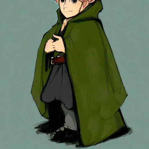 Prompt: a concept art of a cute hobbit boy wearing a dark green cloak with a hood that has fox ears on it holding a fox, trending on artstation, digital art, larry elmore, dungeons and dragons