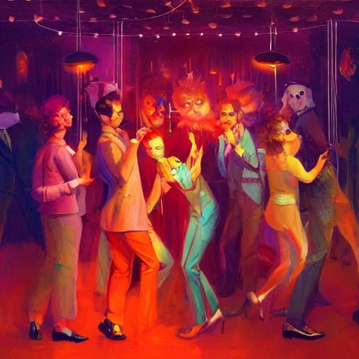 Image similar to young octupuses in a fancy vintage nightclub dancing and drinking, partylights, great colors, by esao andrews, trending on artstation