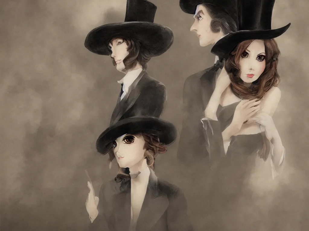 Image similar to Portrait of an elegant long haired lady wearing a gentleman suit and tophat in anime style，highly detailed, matte painting, noir, 70s, americana, photorealistic, ethereal ghostly atmosphere