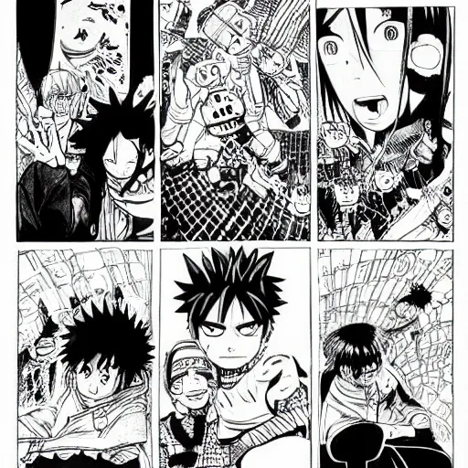 Image similar to “Friday” graphic novel illustrated by Kishimoto published on Shonen Jump 1996 black and white pen and ink highly detailed