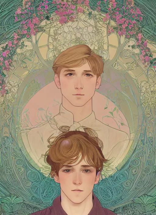 Image similar to book cover, pretty young man with shoulder length blond hair, male, half body shot, flower pattern background, path traced, highly detailed, high quality, digital painting, by studio ghibli and alphonse mucha, leesha hannigan, hidari, art nouveau, chiho aoshima, jules bastien - lepage