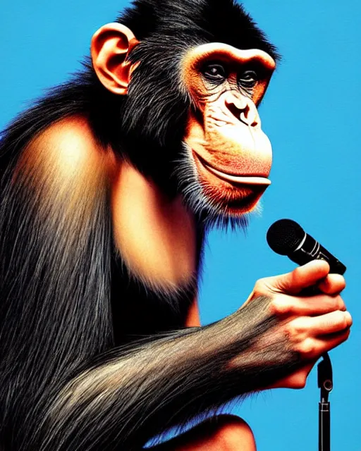 Image similar to a portrait of an anthropomorphic rockstar chimp singing into a microphone int eh recording studio by sandra chevrier, by jon foster, detailed render, tape deck, epic composition, cybernetics, 4 k realistic, cryengine, realistic shaded lighting, sharp focus, masterpiece, by enki bilal