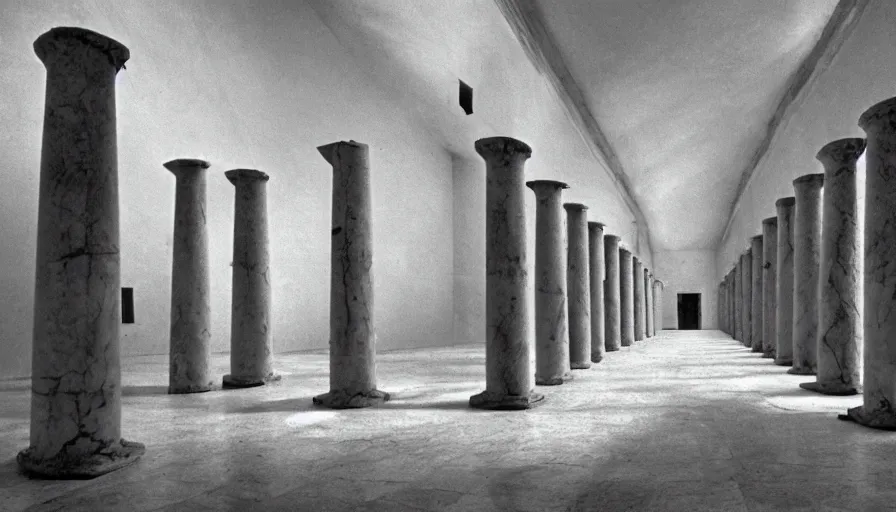 Image similar to 1 9 7 0 s andrei tarkovsky movie still of a pyramid building with columns, by piranesi, panoramic, ultra wide lens, cinematic light, anamorphic, marble hole