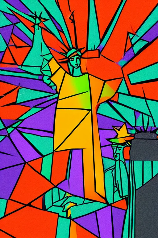 Image similar to cubist statue of liberty cutout digital illustration cartoon colorful beeple