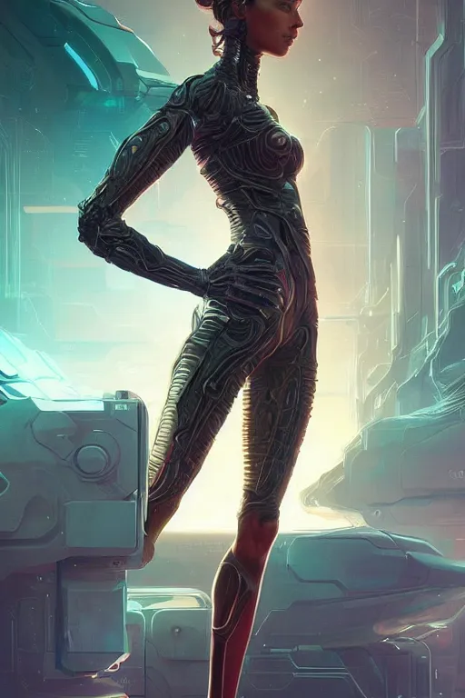 Image similar to full body portrait of a girl, sci fi, synthwave, cyberpunk, intricate, elegant, highly detailed, digital painting, artstation, concept art, smooth, sharp focus, illustration, art by artgerm and greg rutkowski and alphonse mucha