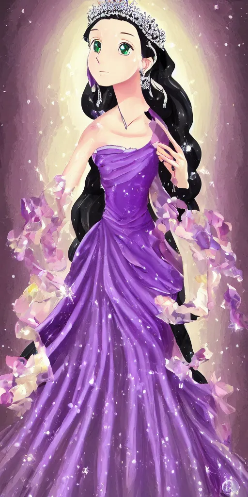 Prompt: Oil painting of a princess wearing a lavanda color dress, and a tiara with emeralds, long and straight black hair, digital art, 4k, anime style