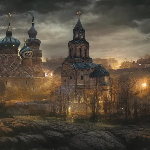 Image similar to photo ancient Russian city of Kitezh, concept art, fantasy cityscape, ancient Slavs, ancient Russian architecture, terem, top cinematic lighting , cinematic mood, very detailed, shot in canon, 8k, high resolution